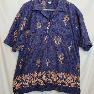 Vintage No Fear Hawaiian Shirt 90s Retro Button Up Blue Floral Skater Size Large